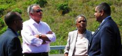 Public Works Commissioner Darryl Smalls, left, U.S. Secretary of Transportation Ray LaHood, Delegate Donna Christensen and Gov. John deJongh Jr. at the site of the Christiansted Bypass.